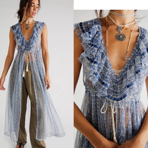 Free People In Paris Maxi Top Sheer Duster Blue - Picture 16 of 16